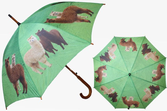 Regenschirm mit Holzgriff mit süßen Alpaka Fotos | Tierischer Blickfang für freudige Regentage
