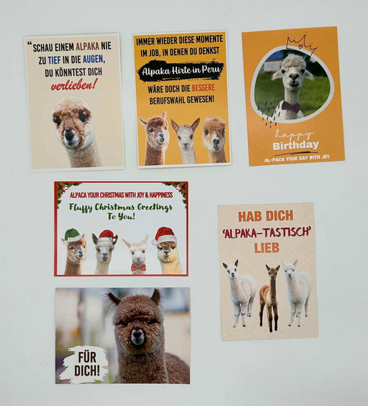Alpaka Postkarte für verschiedene Anlässe (u.a. Geburtstag, Weihnachten) | Charmante Alpaka Motive mit unseren 9 Alpakas | Einzeln oder als 6er Set