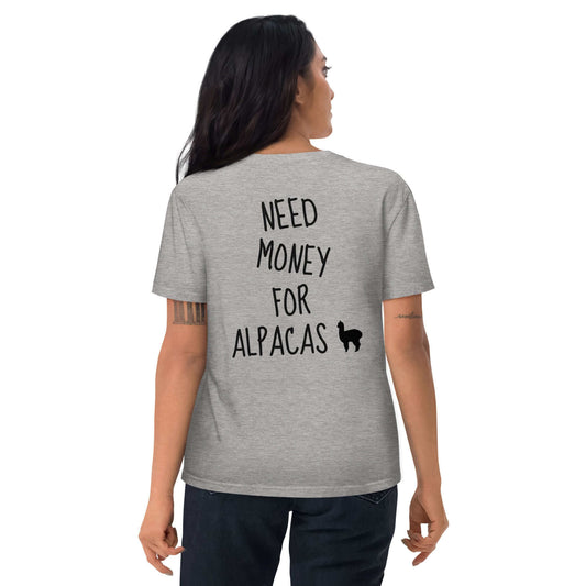 Unisex 'Need Money for Alpacas' T-Shirt aus Bio-Baumwolle für nachhaltige Mode und Alpaka-Fans