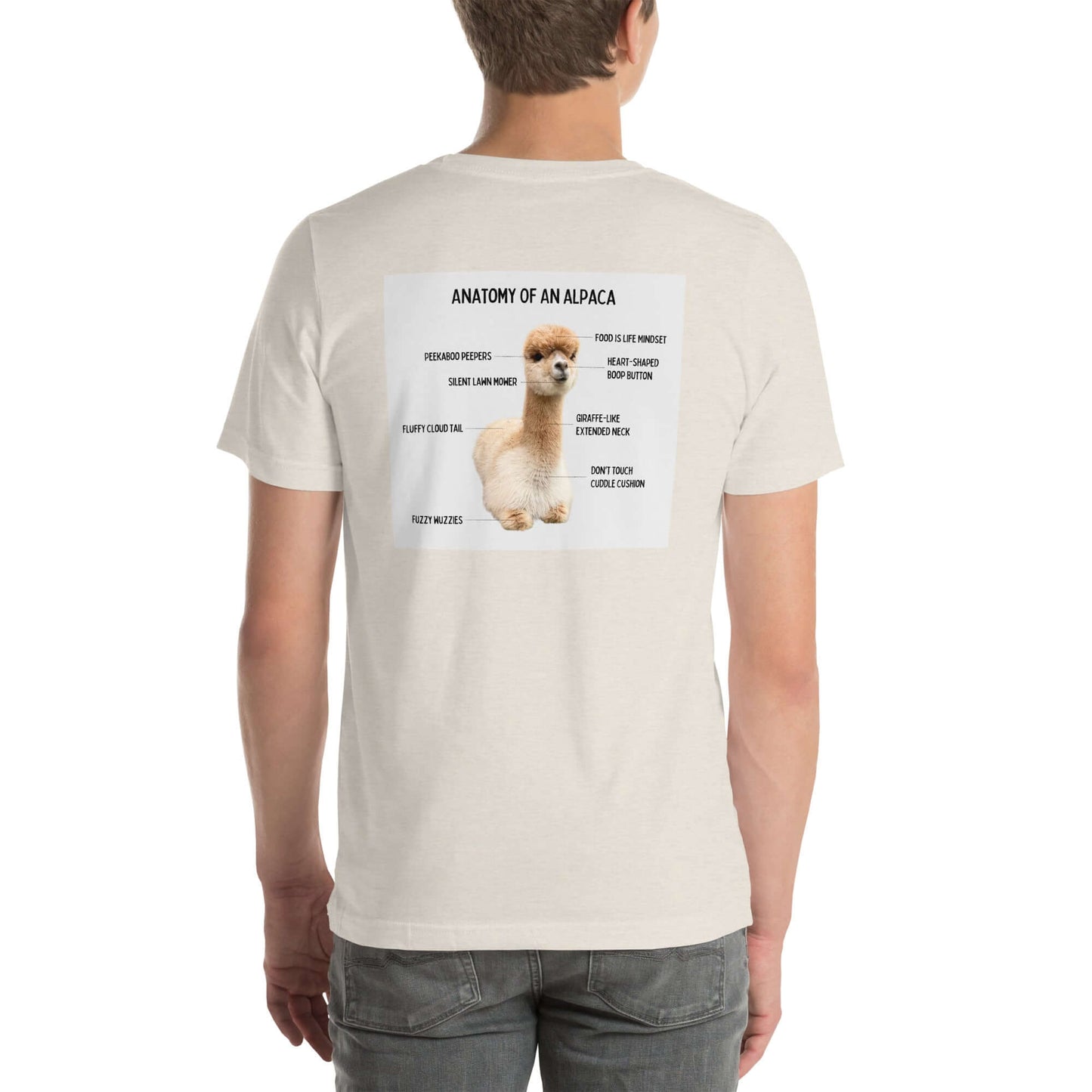 Alpaka-Anatomie Grafik auf T-Shirt, lustiges 'Food is Life' Motiv