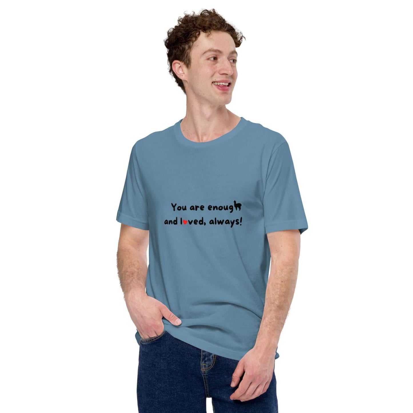 Unisex T-Shirt "You are enough and loved, always" | Mental Health Botschaft mit Alpaka Motiv und Herz Emoji