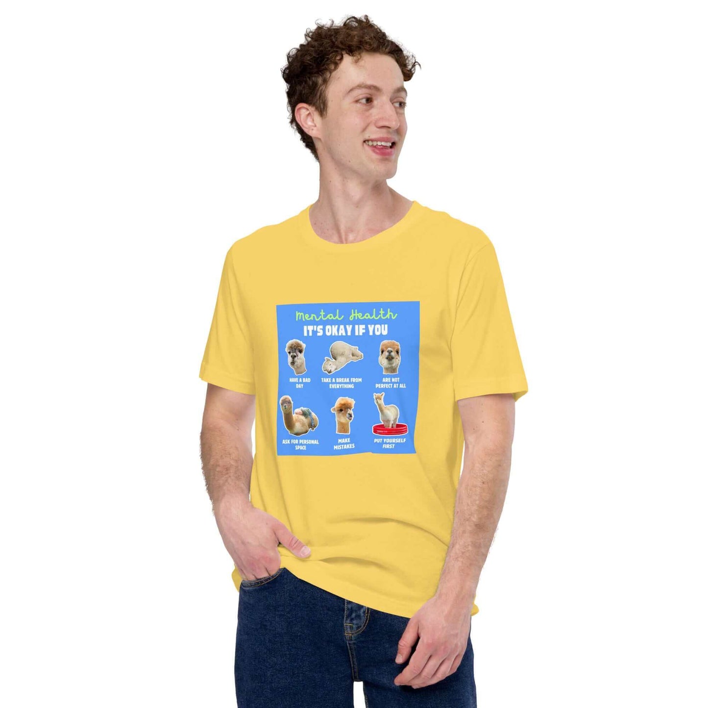 Kaufe unser Alpaka Motiv T-Shirt und unterstütze Mental Health Projekte mit jedem Verkauf.