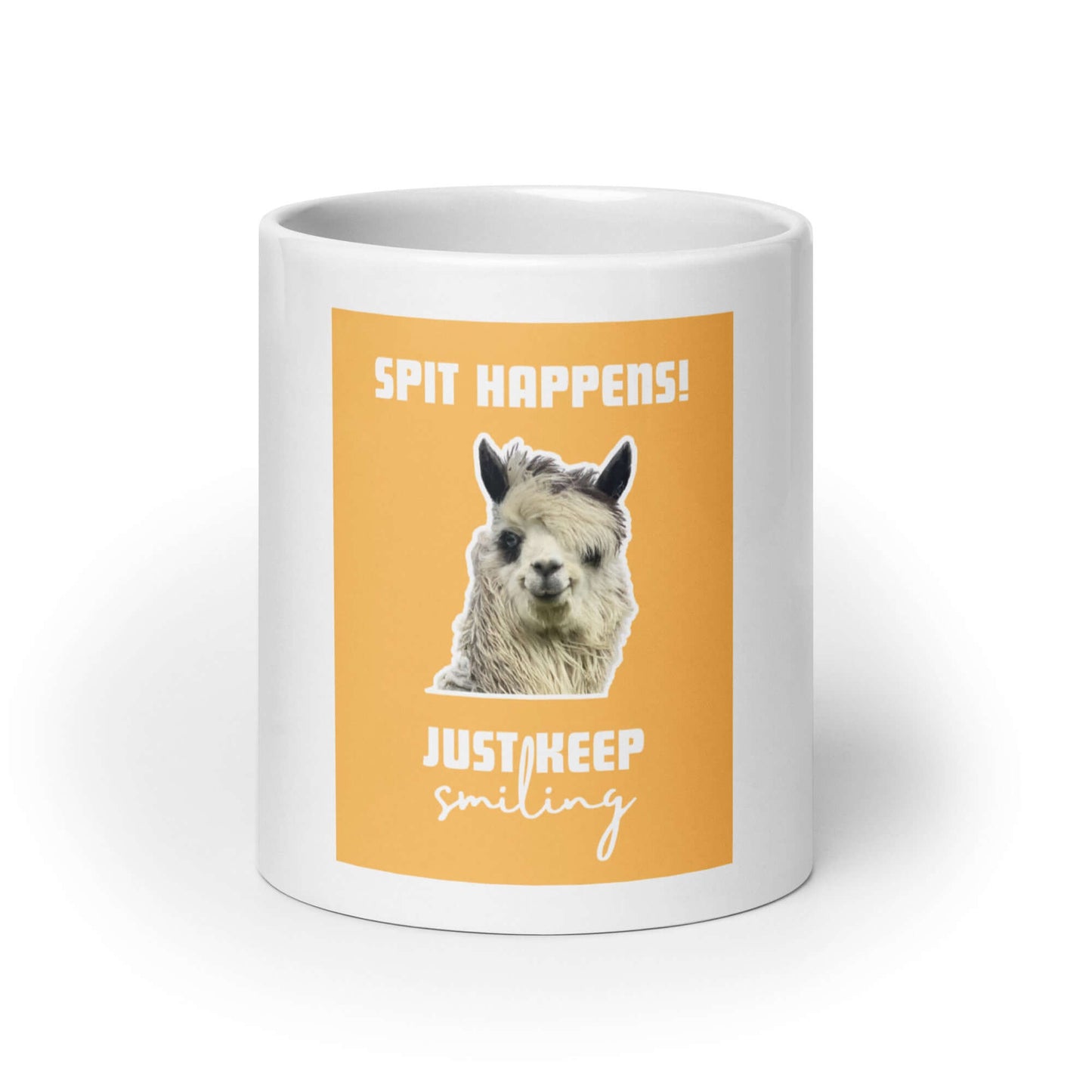 Alpaka-Design Tasse 'Spit happens! Just keep smiling' - Alpaka Produkte online kaufen und dabei Gutes tun!