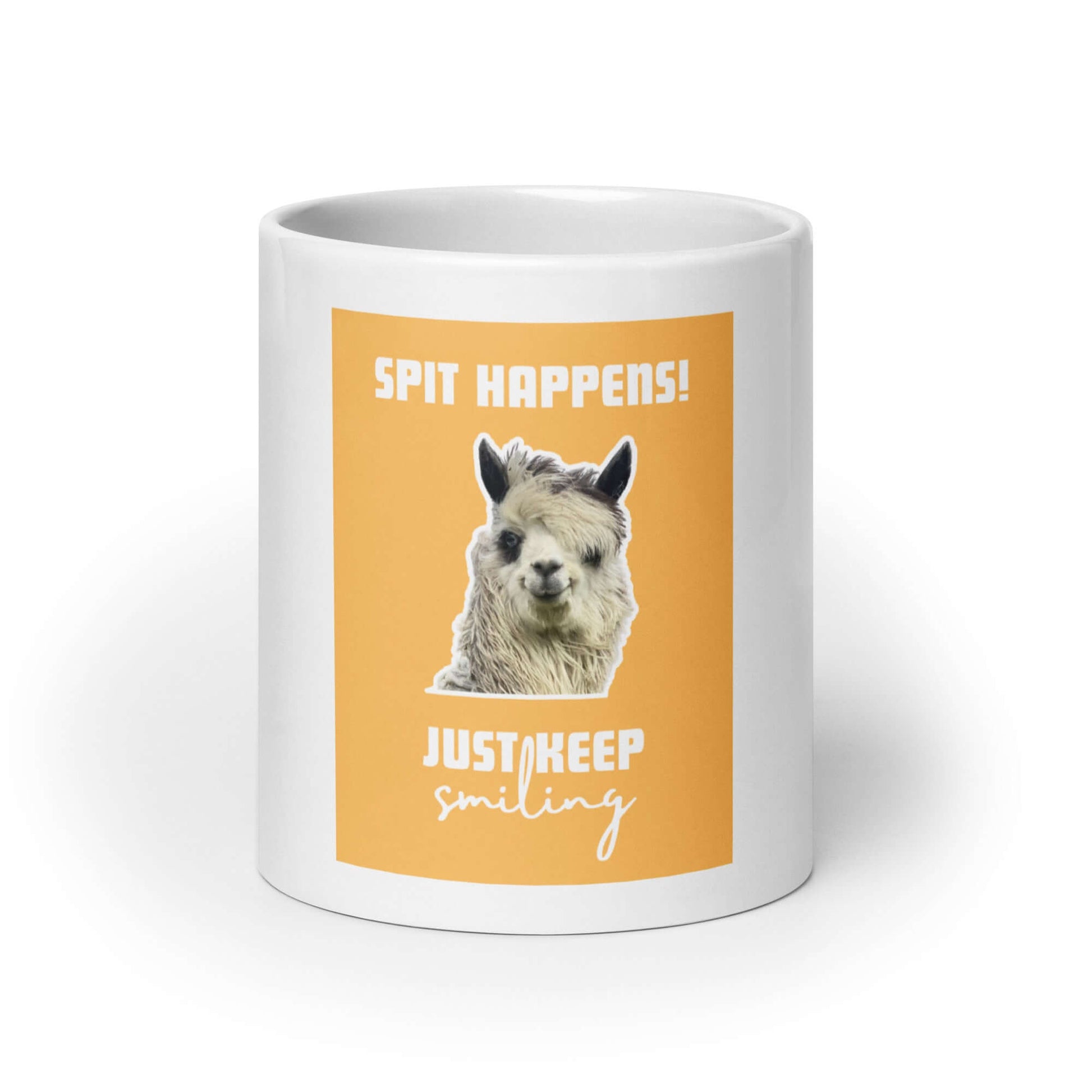 Alpaka-Design Tasse 'Spit happens! Just keep smiling' - Alpaka Produkte online kaufen und dabei Gutes tun!
